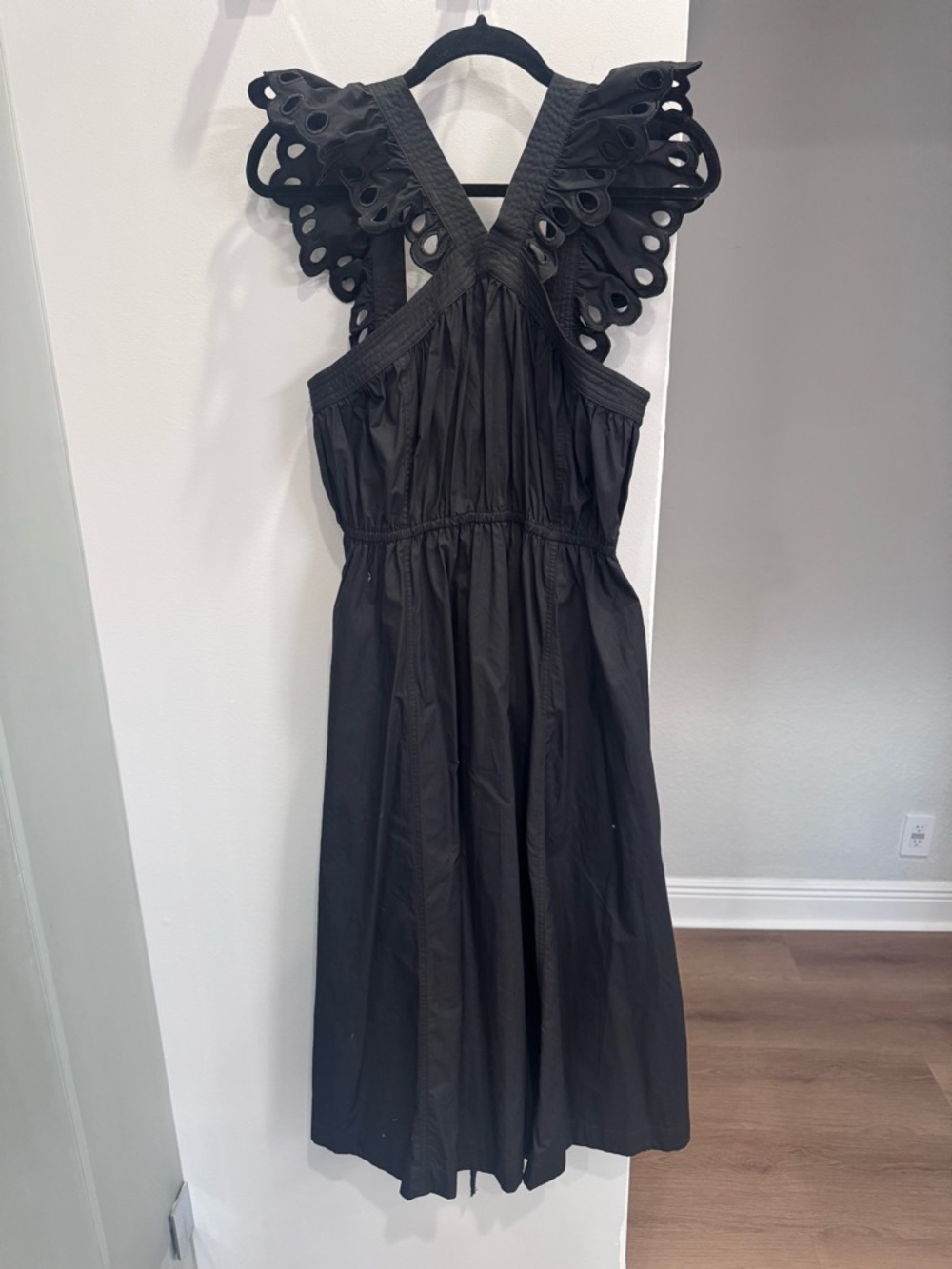 En Saison Black Midi Dress with Eyelet Ruffle Straps